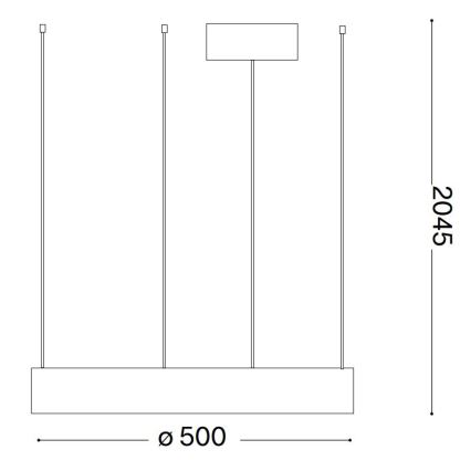 Svietidlo visí zo stropu na štyroch kábloch. Má obdĺžnikový tienidlo a dlhšie obdĺžnikové telo. Rozmery: priemer 500 mm, výška 2045 mm.