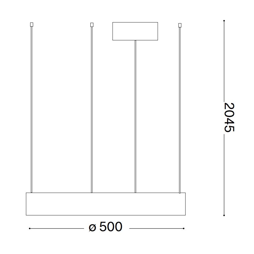 Svietidlo visí zo stropu na štyroch kábloch. Má obdĺžnikový tienidlo a dlhšie obdĺžnikové telo. Rozmery: priemer 500 mm, výška 2045 mm.