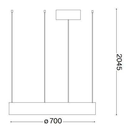 Technický výkres stropného svietidla s rozmermi 700 x 2045 mm. Svietidlo má štyri visiace zdroje svetla a jeden centrálne umiestnený.