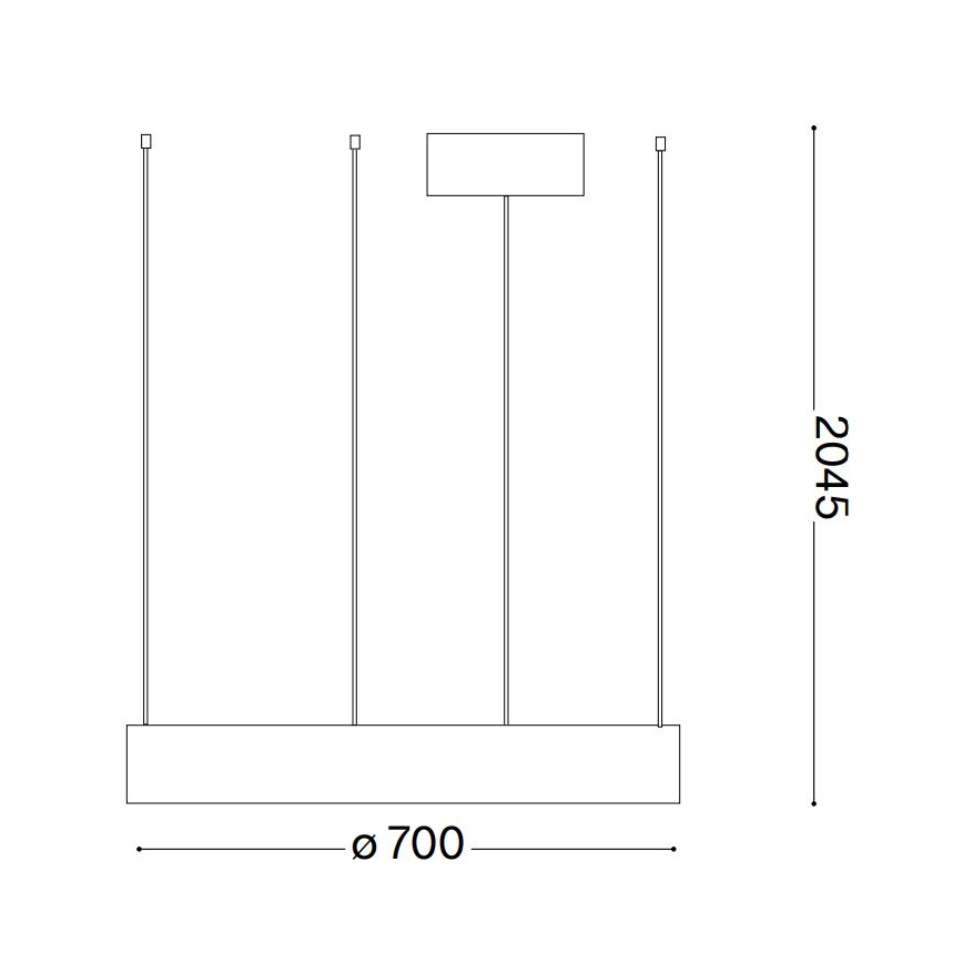 Technický výkres stropného svietidla s rozmermi 700 x 2045 mm. Svietidlo má štyri visiace zdroje svetla a jeden centrálne umiestnený.