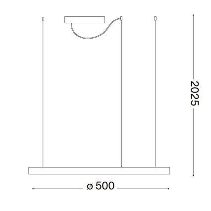 Závesné svietidlo s tromi káblami visí zo stropu. Z jedného káblu je odbočka k menšiemu zdroju svetla. Rozmery: šírka 500 mm, výška 2025 mm.