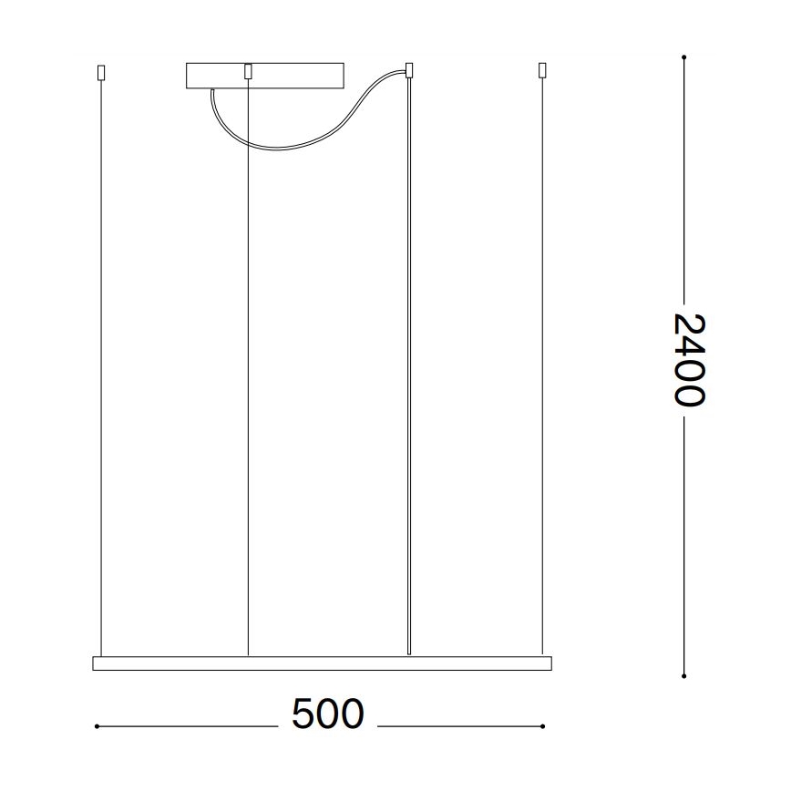 Závesné svietidlo s tromi zvislými a jedným zakriveným ramenom, s rozmermi 500 x 2400 mm, je znázornené v technickom výkrese.