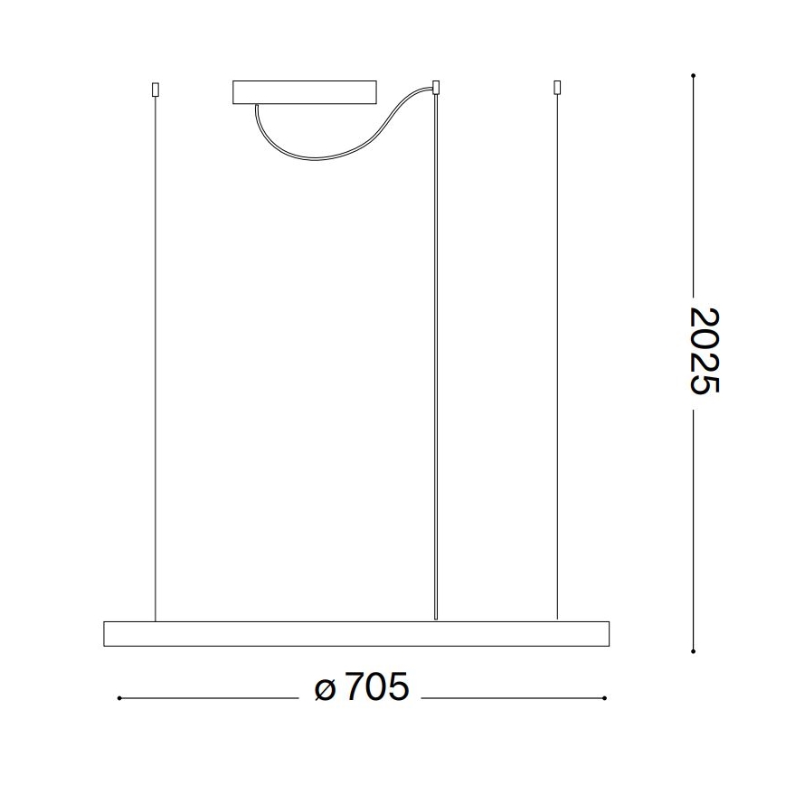 Závesné svietidlo s rovným, vodorovným telom o šírke 705 mm visí na troch kábloch. Jedno menšie svetlo je pripojené k centrálnemu káblu v oblúku. Celková výška je 2025 mm.