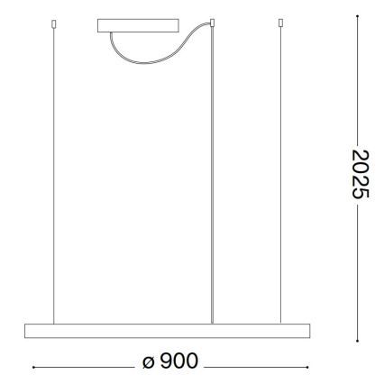 Závesné svietidlo s tromi zavesenými bodmi a jednou bočnou LED lištou visí zo stropu. Šírka svietidla je 900 mm a celková výška je 2025 mm.