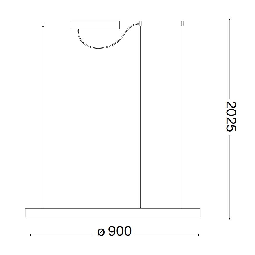 Závesné svietidlo s tromi zavesenými bodmi a jednou bočnou LED lištou visí zo stropu. Šírka svietidla je 900 mm a celková výška je 2025 mm.