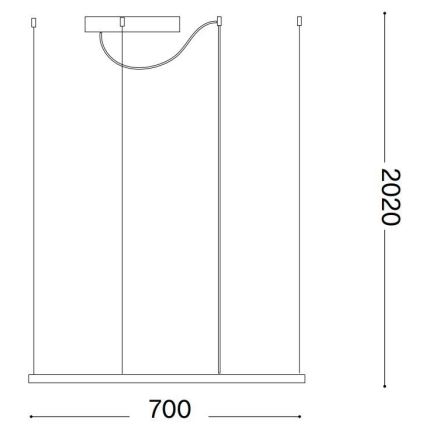 Závesné svietidlo s tromi zdrojmi svetla visí zo stropu. Svietidlo má obdĺžnikovú základňu s rozmermi 700 mm a celková výška je 2020 mm. Jeden kábel je zakrivený.