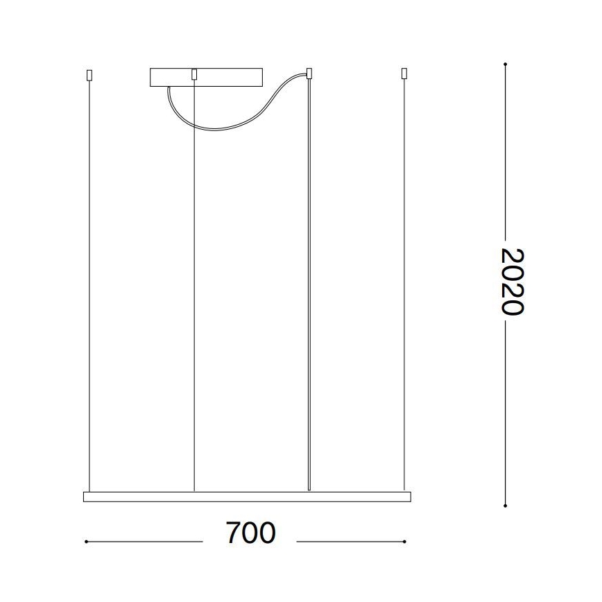 Závesné svietidlo s tromi zdrojmi svetla visí zo stropu. Svietidlo má obdĺžnikovú základňu s rozmermi 700 mm a celková výška je 2020 mm. Jeden kábel je zakrivený.