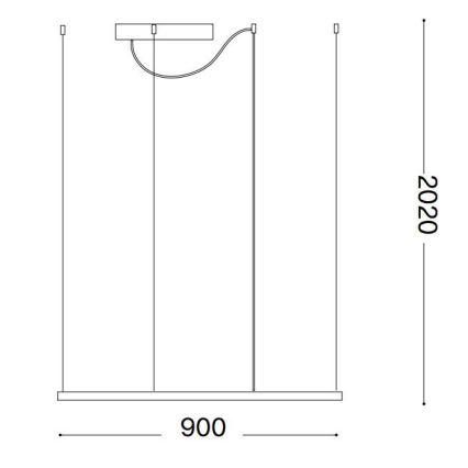 Závesné svietidlo s tromi zavesenými svetlami a jednou zakrivenou výklopnou časťou visí z dlhej obdĺžnikovej tyče. Rozmery: 900 mm x 2020 mm.