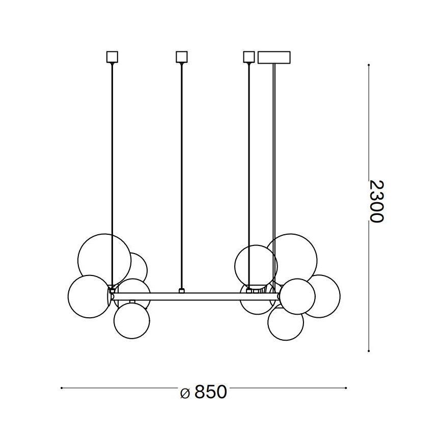 Závesné svietidlo s viacerými sklenenými guľami visí z rovnej tyče. Svietidlo je široké 850 mm a vysoké 2300 mm.