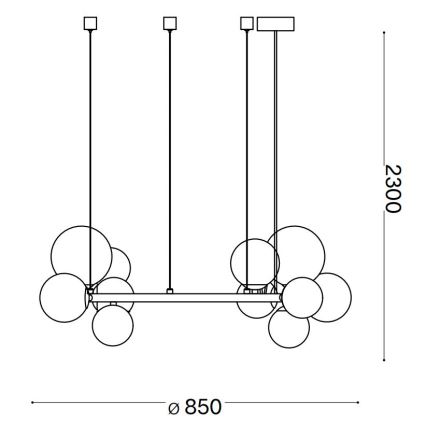 Závesné svietidlo s viacerými guľami zavesenými na troch tyčiach pripevnených k horizontálnej tyči. Rozmery: šírka 850 mm, výška 2300 mm.