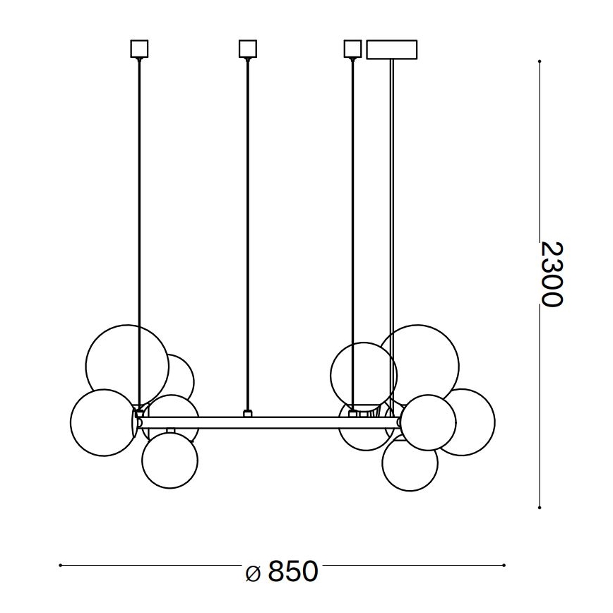 Závesné svietidlo s viacerými guľami zavesenými na troch tyčiach pripevnených k horizontálnej tyči. Rozmery: šírka 850 mm, výška 2300 mm.