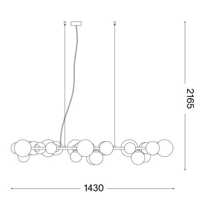 Závesné svietidlo visí zo stropu. Skladá sa z viacerých sklenených gúľ rôznych veľkostí pripevnených na kovovej tyči. Rozmery: 1430 x 2165 mm.