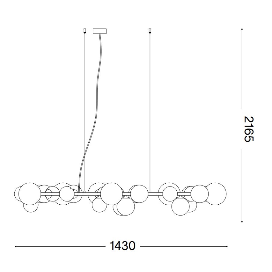 Závesné svietidlo visí zo stropu. Skladá sa z viacerých sklenených gúľ rôznych veľkostí pripevnených na kovovej tyči. Rozmery: 1430 x 2165 mm.