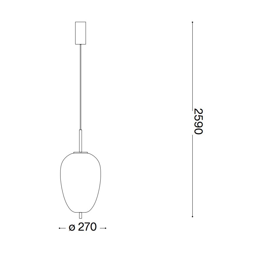 Závesné svietidlo visí zo stropu. Má oválny tienidlo s priemerom 270 mm a celková výška je 2590 mm.