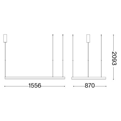 Technický nákres stropného svietidla s viacerými zavesenými tienidlami. Rozmery svietidla sú 1556 x 870 mm, celková výška 2093 mm.