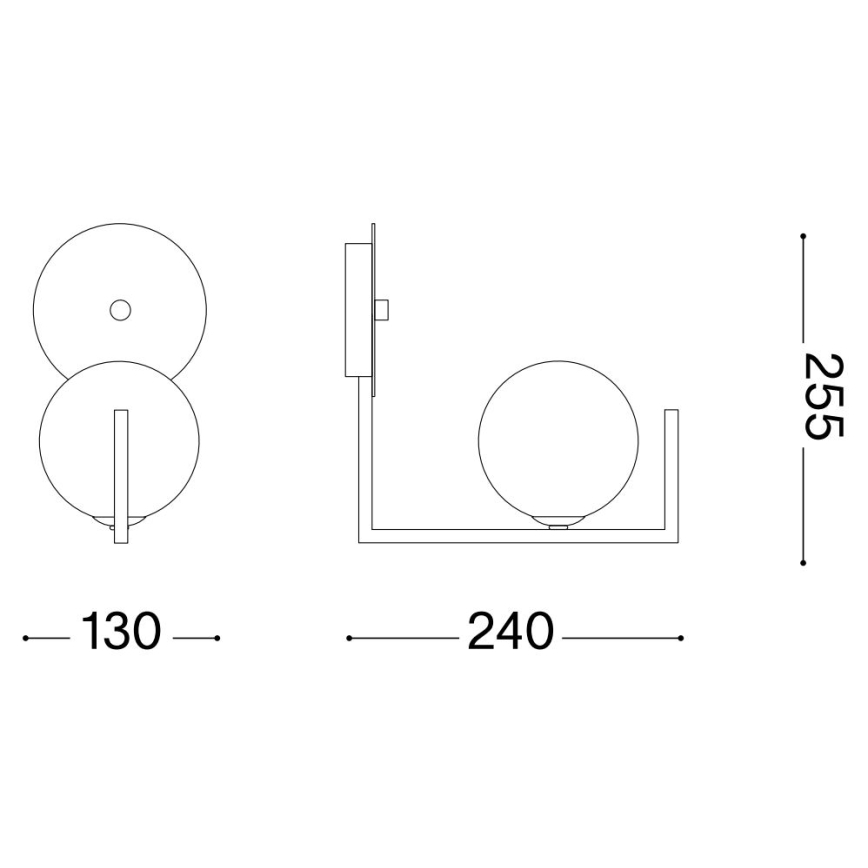 Nástená lampa s dvoma okrúhlymi a jednou guľovou časťou, pripevnená na stenu. Rozmery: 130 x 240 x 255 mm.