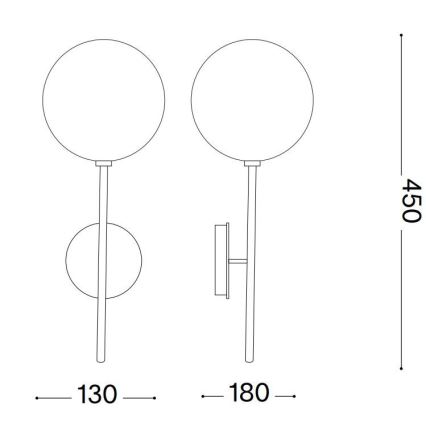 Nástená lampa s guľovou tienidlom na dlhej tyči, pripevnená k stene. Rozmery: výška 450 mm, tyč 130/180 mm.