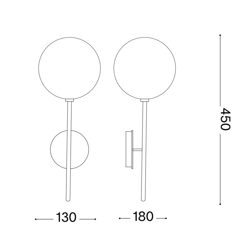 Nástená lampa s guľovou tienidlom na dlhej tyči, pripevnená k stene. Rozmery: výška 450 mm, tyč 130/180 mm.