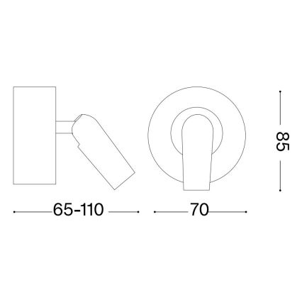 Svietidlo sa skladá z nástennej úchytky a nastaviteľnej ramena s reflektorom. Rozmery: šírka 65-110 mm, výška 85 mm, priemer 70 mm. Technický nákres zobrazuje rozmery a tvar svietidla.