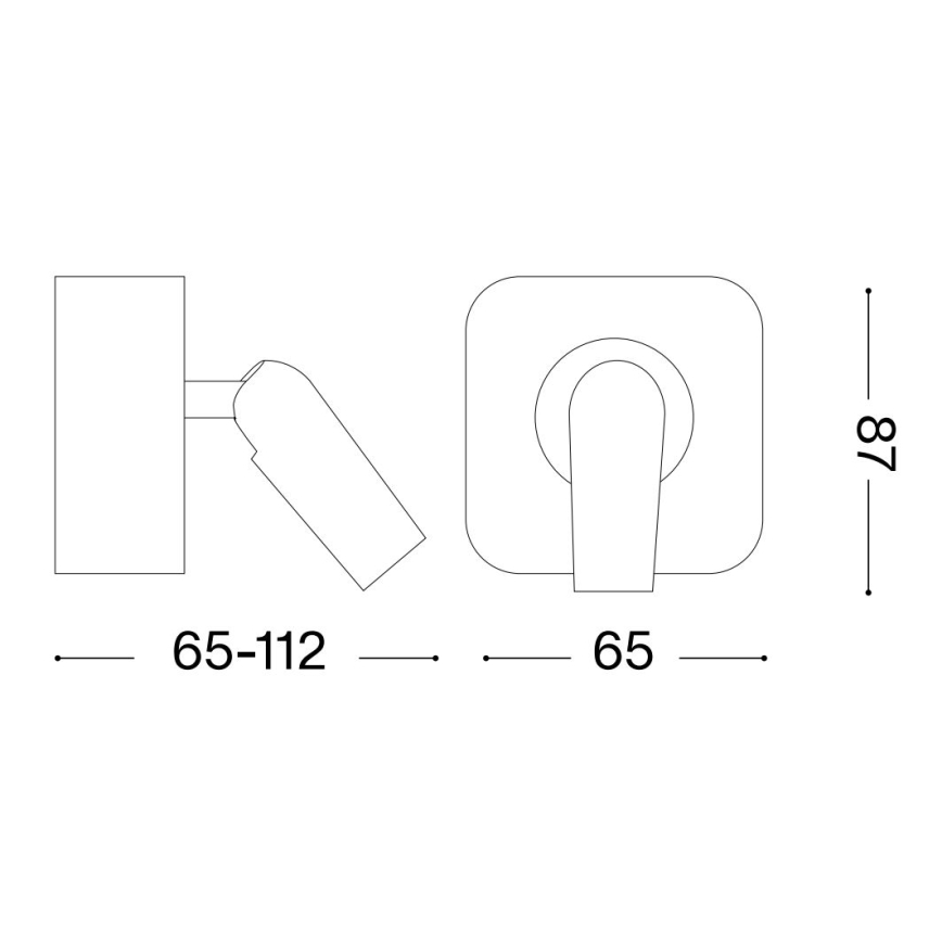Nástená lampa s nastaviteľným ramenom (65-112 mm) a štvorcovým podstavcom (65 x 87 mm) je znázornená v čiarovom výkrese.