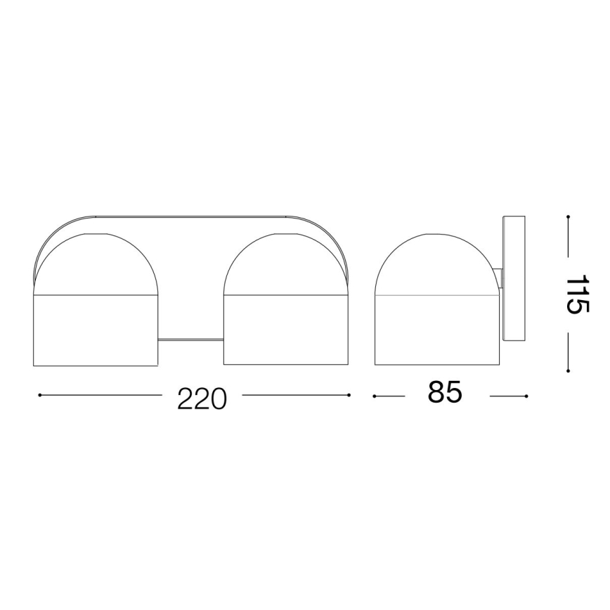 Dvojité nástenné svietidlo s polkruhovými tienidlami je znázornené v technickom výkrese s rozmermi: celková šírka 220 mm, výška jednotlivého svietidla 85 mm a výška celého svietidla 115 mm.