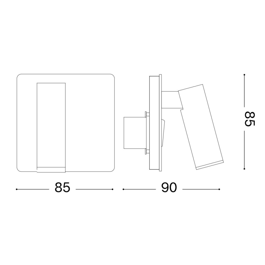 Nástené svietidlo s rozmermi 85 x 90 mm je znázornené v čelnom a bočnom pohľade. Svietidlo je pripevnené na stenu a jeho hlavica je otočná.