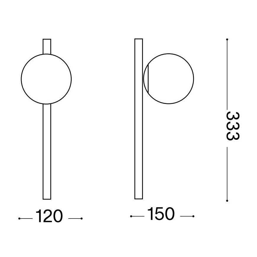 Dve čiernobiele technické kresby nástennej lampy s guľovou časťou. Rozmery: výška 333 mm, šírka 120 a 150 mm.
