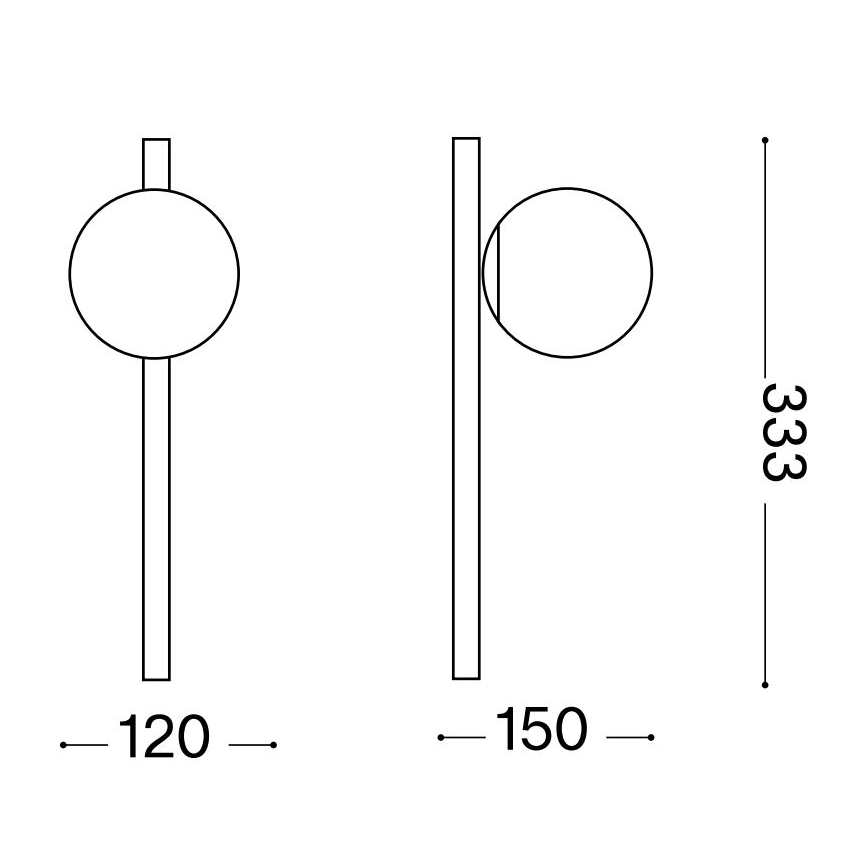 Dve čiernobiele technické kresby nástennej lampy s guľovou hlavou. Prvá kresba zobrazuje lampu spredu, druhá zboku. Rozmery: 120 a 150 mm šírka, 333 mm výška.