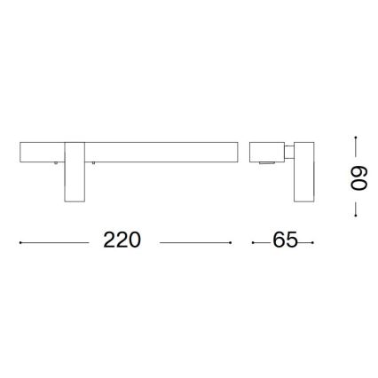 Nástené svietidlo s dĺžkou 220 mm a šírkou 65 mm je zobrazené v technickom výkrese. Svietidlo je pripevnené k stene. Výška svietidla je 90 mm.
