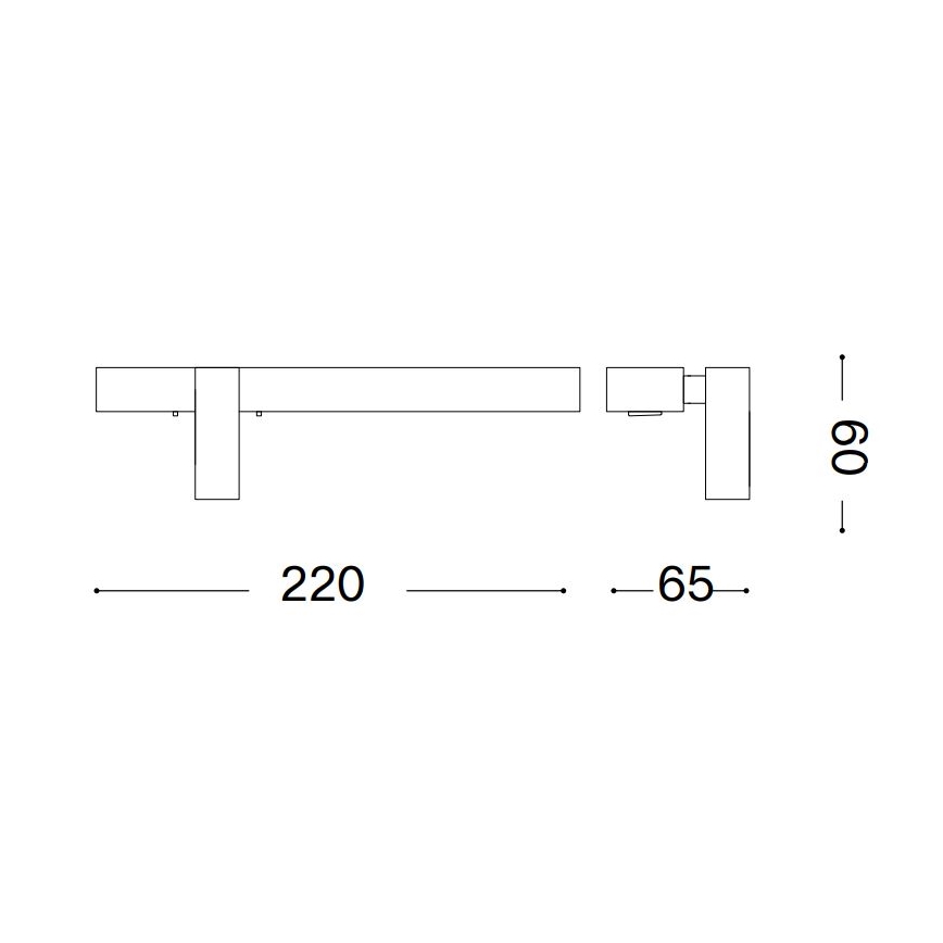Nástenna lampa je zobrazená v technickej kresbe. Má rozmery 220 x 65 x 90 mm. Lampa je umiestnená na stene.