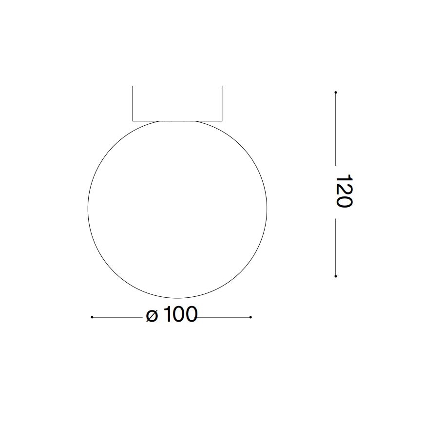 Guľaté svietidlo s priemerom 100 mm je pripevnené k stropu pomocou obdĺžnikového držiaku. Celková výška svietidla je 120 mm.