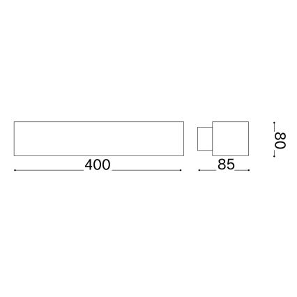 Technický výkres zobrazuje rozmery svietidla. Dlhý obdĺžnikový tvar s rozmermi 400 mm je spojený s menším štvorcovým prvkom s rozmermi 85x80 mm.