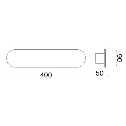 Technický výkres zobrazuje nástennú lampu s oválnym tvarom, rozmermi 400 x 50 x 60 mm, určenú na montáž na stenu.