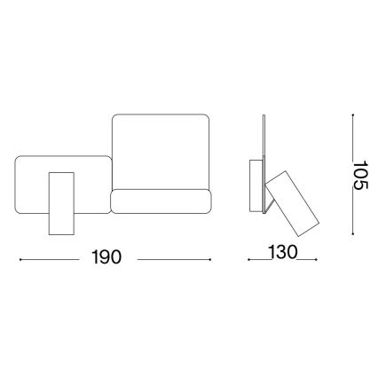 Nástené svietidlo je sklopené. Má rozmery 190 x 130 x 105 mm. Je znázornené v čelnom a bočnom pohľade s rozmerovými údajmi.