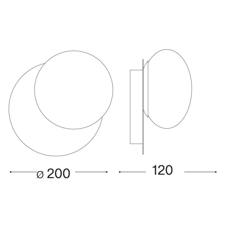 Nástená lampa, ktorá sa montuje na stenu, má dva prekrývajúce sa kruhy s priemerom 200 mm. Profil lampy je 120 mm.