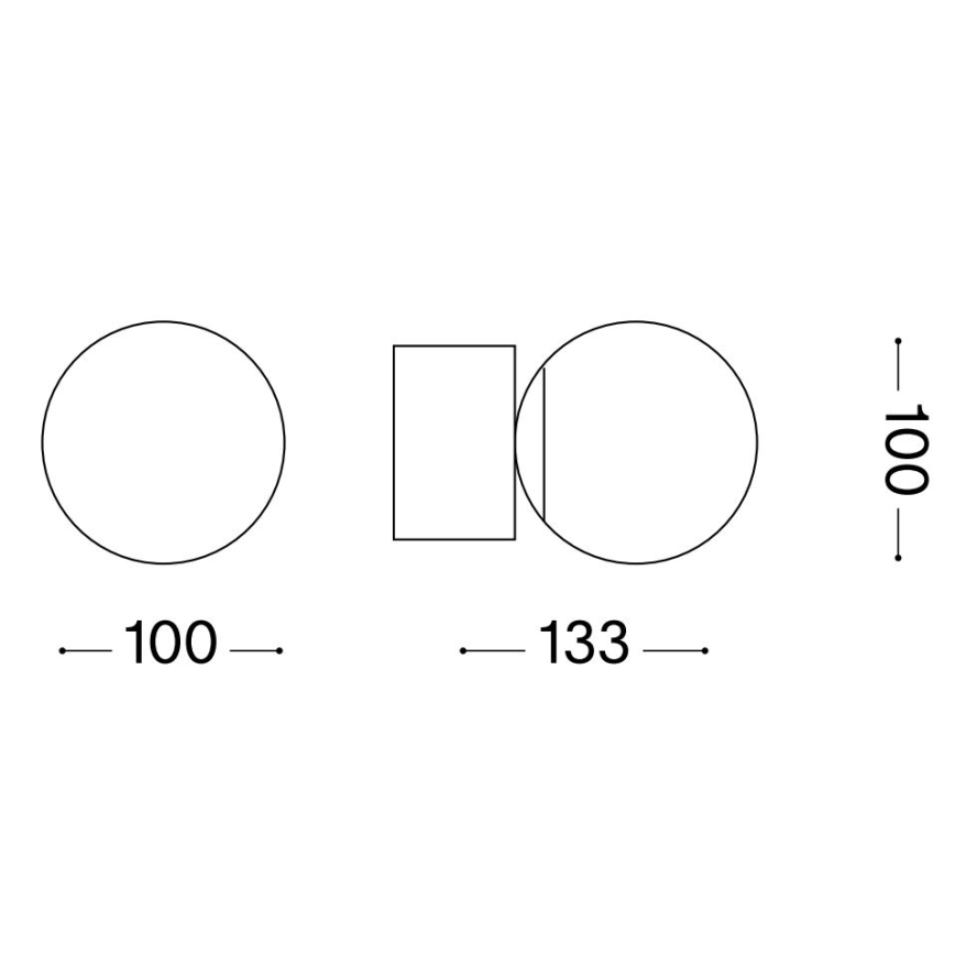 Technický výkres zobrazuje dva kruhy s priemerom 100 mm a obdĺžnik s rozmermi 100 x 133 mm. Obdĺžnik je čiastočne prekrytý jedným z kruhov. Celková výška výkresu je 100 mm.
