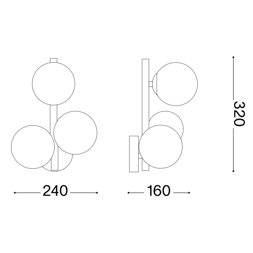 Nástená lampa s tromi guľovitými tienidlami pripevnenými na vertikálnej tyči. Rozmery: výška 320 mm, šírka 160/240 mm.