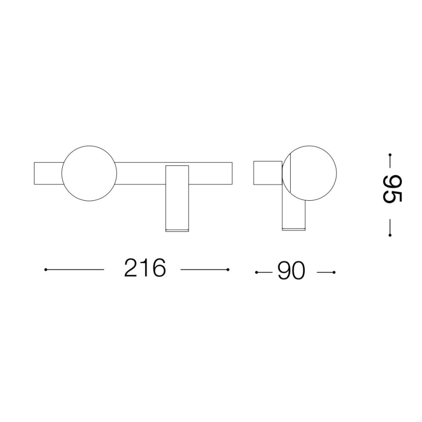 Technický výkres zobrazuje tvarovku s guľou a valcovými prvkami. Rozmery sú 216 a 90 mm, výška 95 mm.