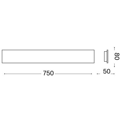 Dlhý obdĺžnikový svietidlo s rozmermi 750 x 50 x 8 mm je znázornené v technickom výkrese. Svietidlo je pripevnené k stene.