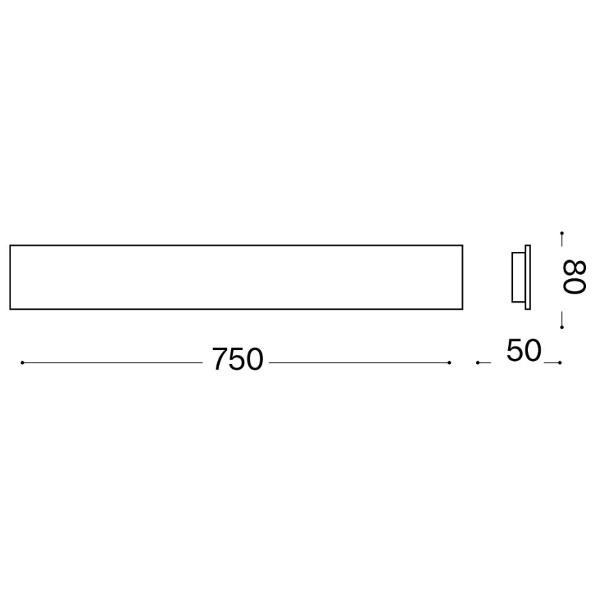 Dlhý obdĺžnikový svietidlo s rozmermi 750 x 50 x 8 mm je znázornené v technickom výkrese. Svietidlo je pripevnené k stene.