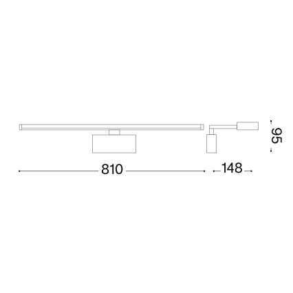 Technický výkres zobrazuje svietidlo s rozmermi 810 mm a 148 mm. Svietidlo má dlhú, úzku hlavnú časť a kratšiu bočnú časť s rozmerom 95 mm.