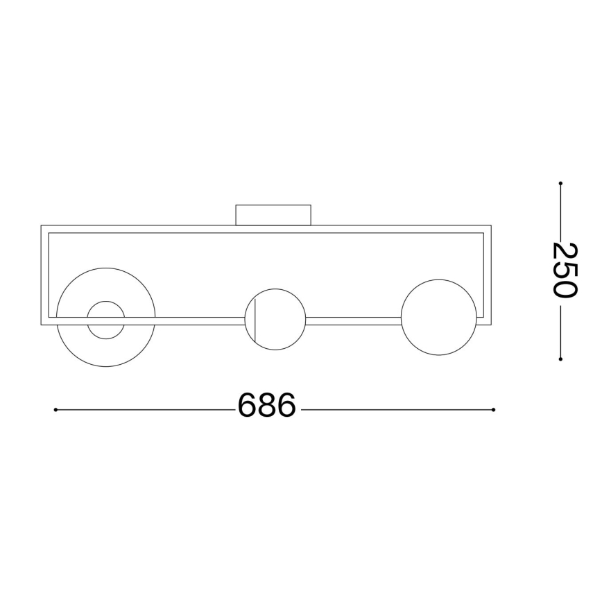 Trojité stropné svietidlo s guľovými tienidlami je pripevnené na obdĺžnikovom ráme. Rozmery: dĺžka 686, výška 250.