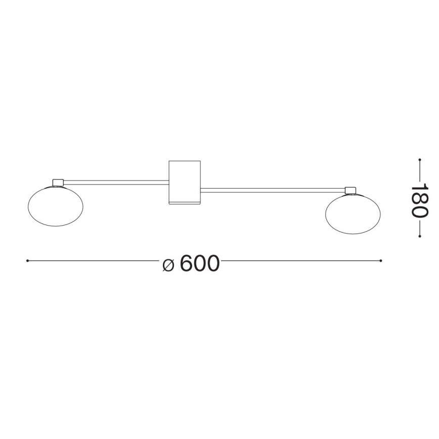 Dvojité nástenné svietidlo s dvoma guľovitými tienidlami na koncoch 600 mm dlhej tyče. Svietidlo je pripevnené na stenu štvorcovým držiakom. Výška svietidla je 180 mm.