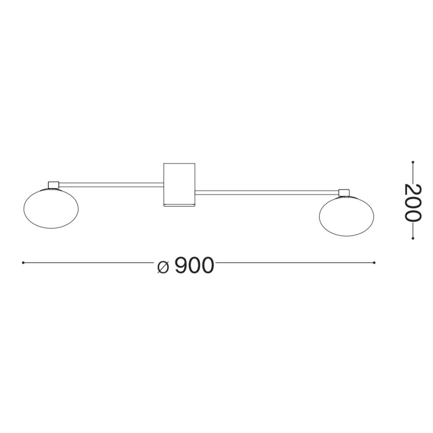Dvojité nástenné svietidlo s oválnymi tienidlami je pripevnené na stenu pomocou stredovej štvorcovej základne. Rozmery: šírka 900 mm, výška 200 mm.