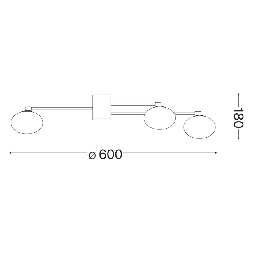 Trojramenné nástenné svietidlo s oválnymi tienidlami je zobrazené v technickom nákrese. Rozmery: šírka 600 mm, výška 180 mm.