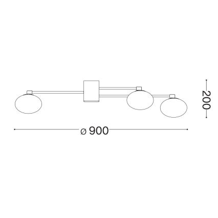 Trojramenné nástenné svietidlo s oválnymi tienidlami je zobrazené v technickej kresbe. Rozmery: šírka 900 mm, výška 200 mm.