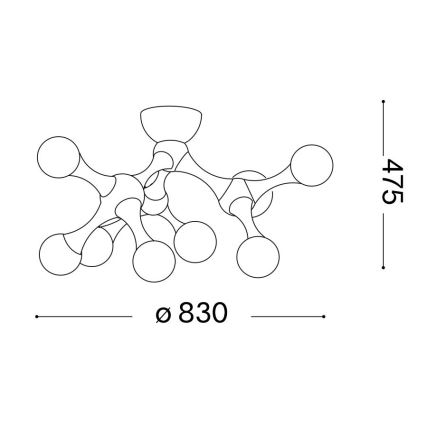 Lampa s rozsiahlym ramenným systémom, ktorý drží viacero guľatých tienidiel, sa rozprestiera v priestore. Rozmery sú: priemer 830 mm a výška 475 mm.