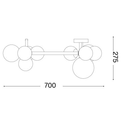 Svietidlo s viacerými guľami pripevnené k tyči je upevnené na stene. Rozmery svietidla sú 700 x 275 mm.