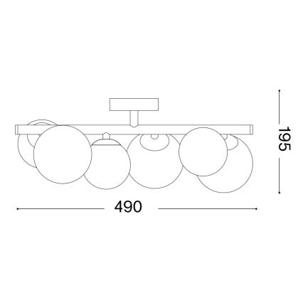 Technický výkres stropného svietidla s piatimi guľovitými tienidlami pripevnenými k horizontálnej tyči. Rozmery: 490 mm (šírka), 195 mm (výška).