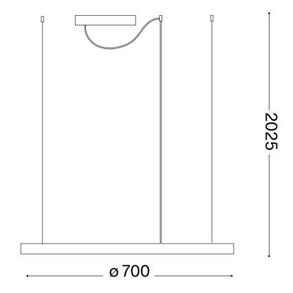 Technický výkres zobrazuje závesné svietidlo s tromi zaveseniami a jednou menšou pridanou časťou. Svietidlo je dlhé 700 mm a vysoké 2025 mm.